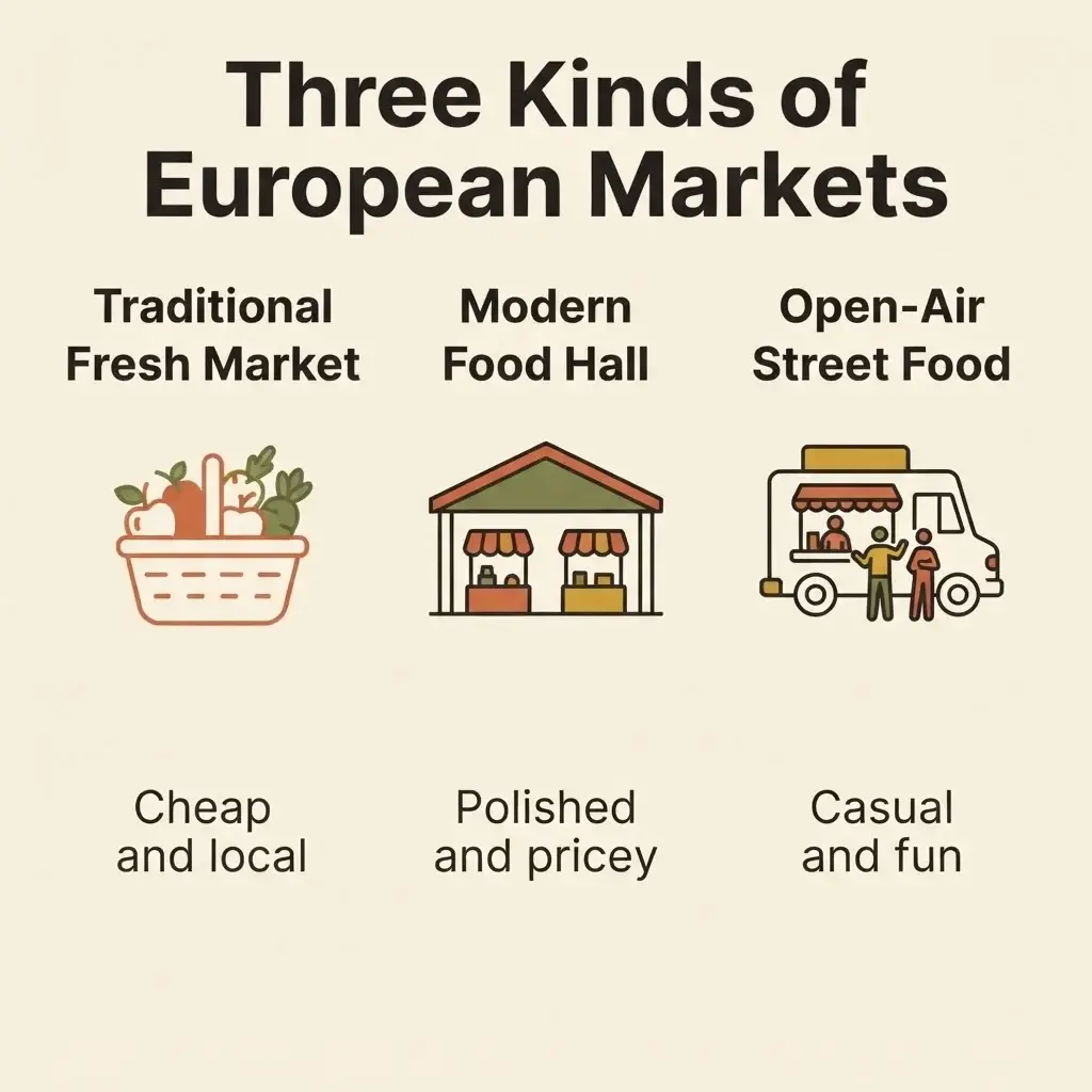 Flat vector comparison chart explaining the difference between traditional fresh markets, modern food halls, and open-air street food markets in Europe