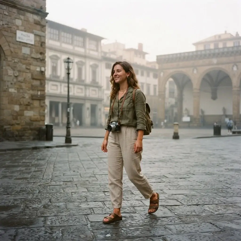 Solo traveler with a camera walking near the Uffizi Gallery in Florence, Italy during a misty morning, a top city in Europe for art lovers.
