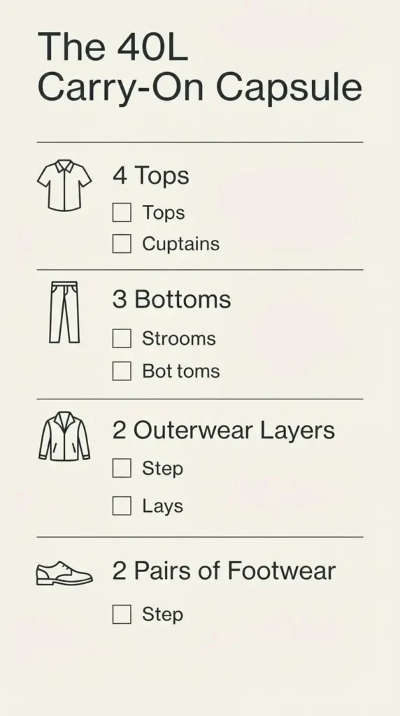 A 9:16 vertical flat vector checklist outlining the exact breakdown of tops, bottoms, outerwear, footwear, and accessories needed for a lightweight 40L travel bag.