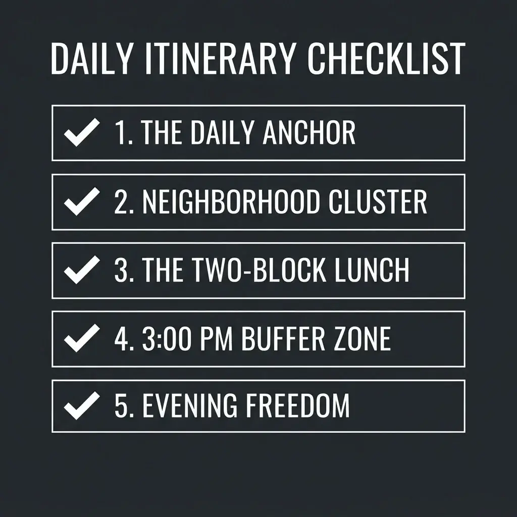 A clean, modern minimalist checklist infographic displaying the five core elements of a personalized city itinerary: Daily Anchor, Neighborhood Cluster, Lunch Strategy, Buffer Zone, and Evening Freedom.