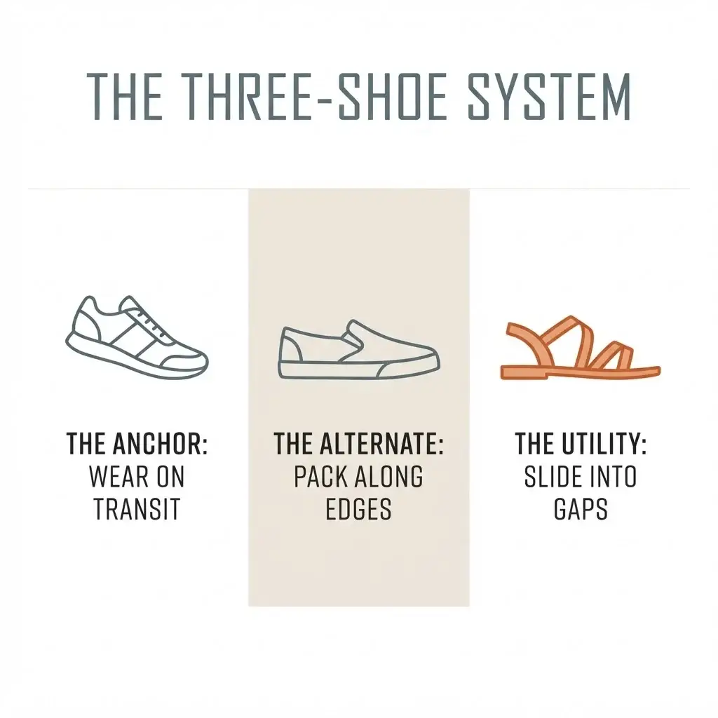 A clean flat-vector 1:1 comparison matrix breaking down the three-shoe travel system into the heavy transit anchor, the versatile alternate, and the compact utility sandal.
