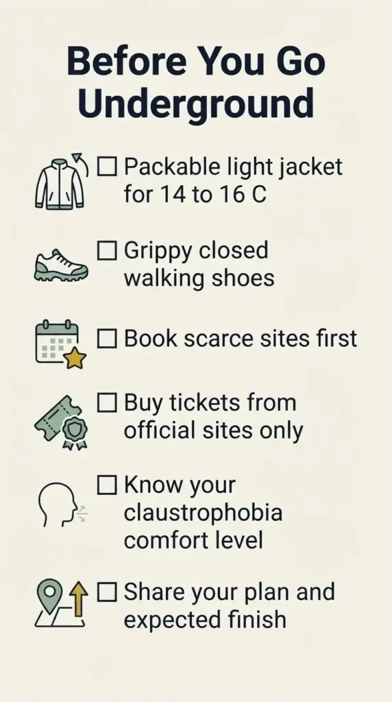 Flat vector checklist of what to pack and know before visiting underground attractions in Europe, including layers, shoes, and claustrophobia comfort levels