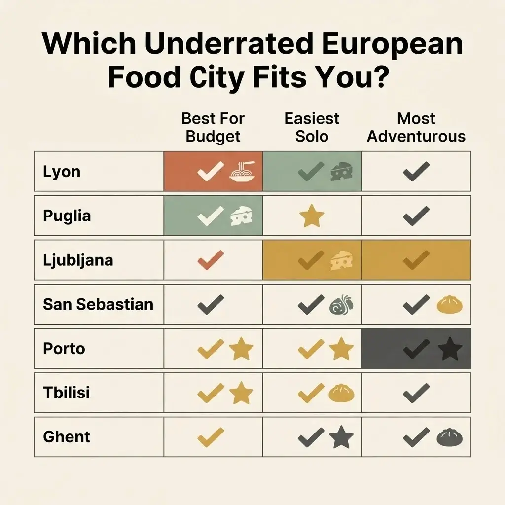 Comparison chart matching seven underrated European food destinations to traveler needs like budget, solo ease, and adventure
