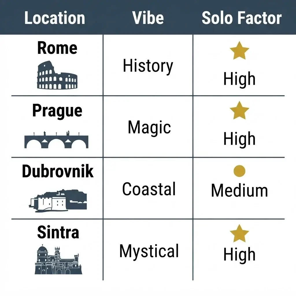 A comparison table showing four UNESCO World Heritage sites in Europe, comparing their primary vibe, suitability for solo travelers, and best time to visit.