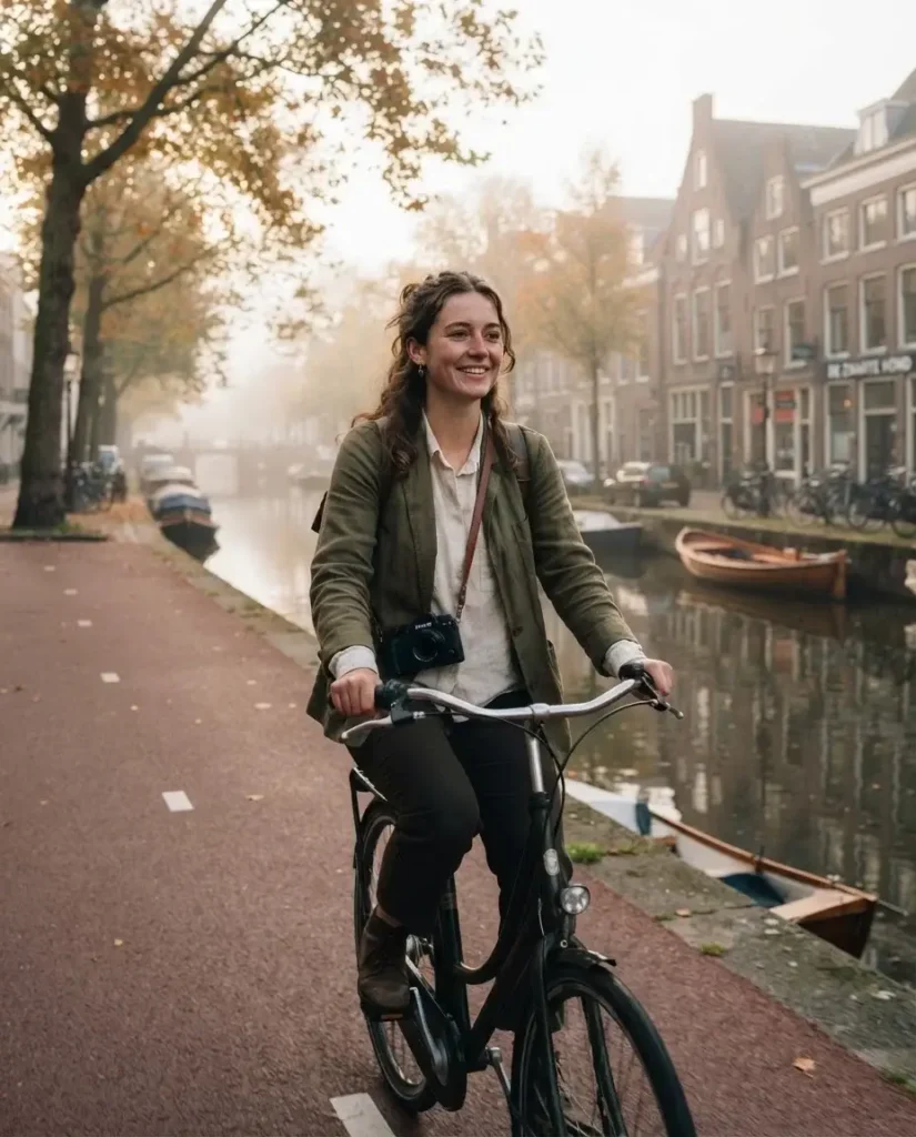 Solo traveler cycling along a quiet red bike lane beside a canal in Utrecht, Netherlands, on a calm morning