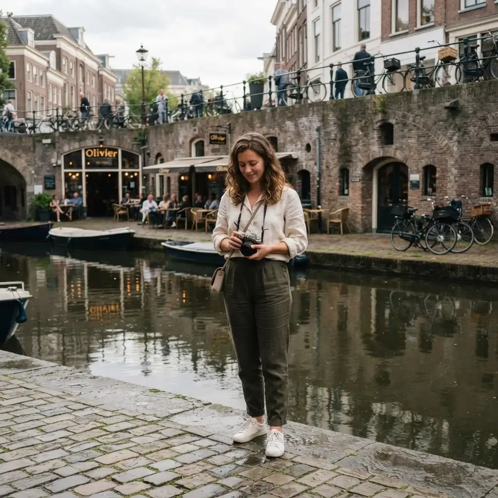 Female solo traveler looking out over the unique two-tier canals and historic wharves of Utrecht, Netherlands during a peaceful afternoon.