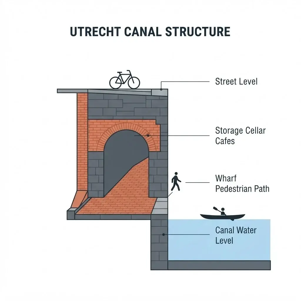 A clean flat vector cross-section diagram of Utrecht's two-tier canals, illustrating the vertical relationship between the upper street level, the historic storage cellars, the lower pedestrian wharf path, and the water line.