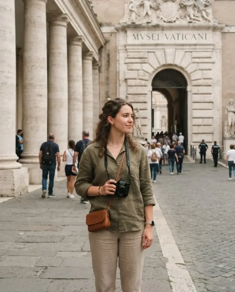 Solo traveler standing near the Vatican Museums entrance in Rome with Renaissance stone facade in the background