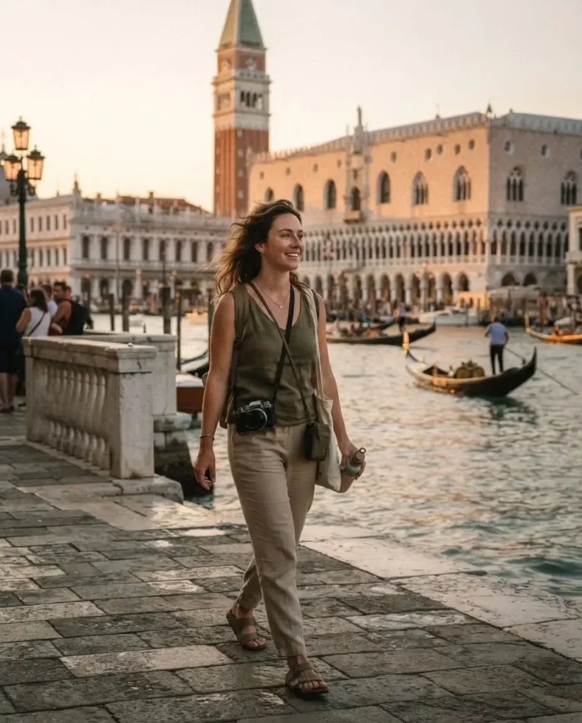 Solo traveler walking near the Doge's Palace and Piazza San Marco in Venice at golden hour