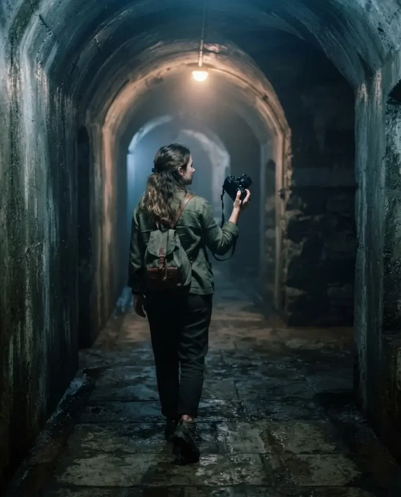 Solo traveler with a camera walking through the dark underground tunnels of Fort Douaumont near Verdun, France