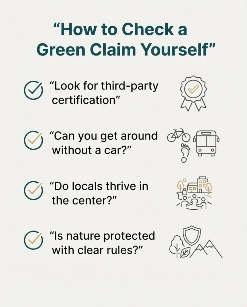 Checklist infographic explaining how to verify an eco-friendly destination in Europe using certification schemes and on-arrival signs