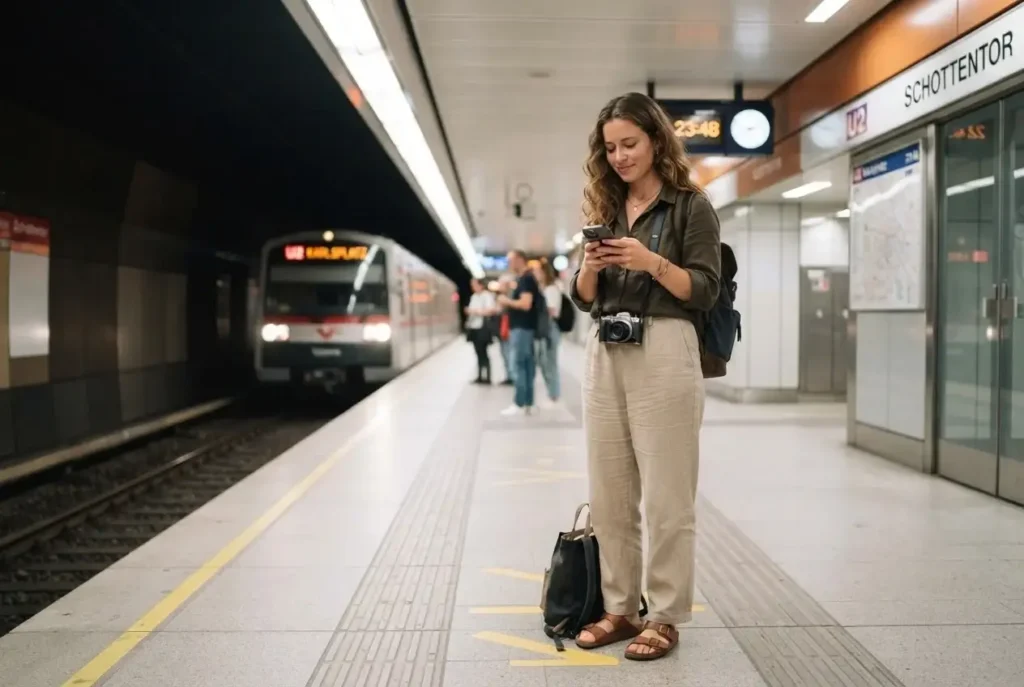 Solo female traveler calmly waiting on a clean, well-lit Vienna U-Bahn platform at night, safe European public transport