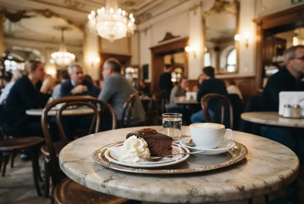 Slice of Sachertorte with whipped cream and a Melange coffee on a marble table in a traditional Viennese coffeehouse, Vienna Austria