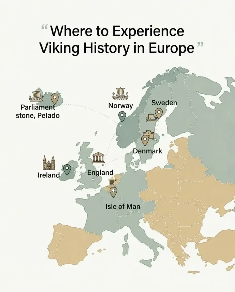 Map of Europe highlighting Viking history sites in Norway, Denmark, Sweden, Iceland, England, Ireland, and the Isle of Man