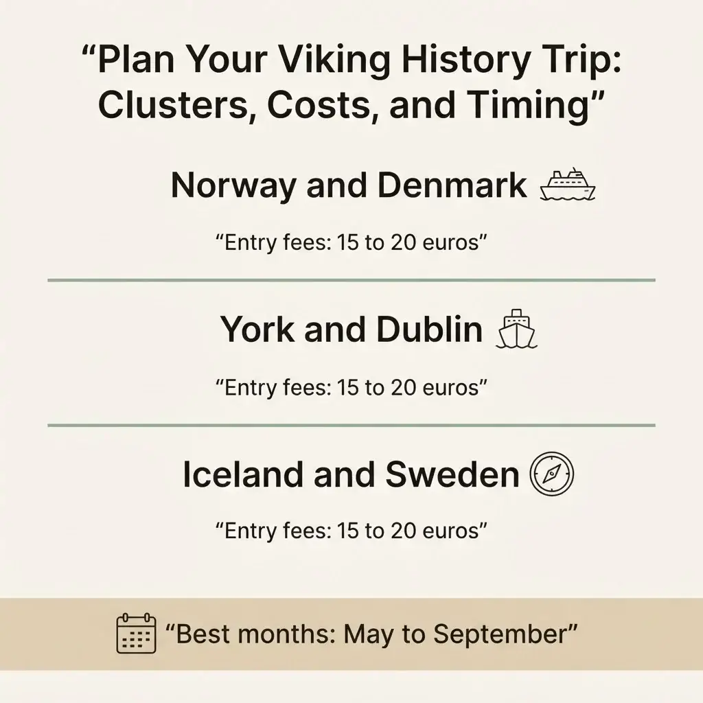 Infographic showing recommended country clusters, ticket costs, and best travel season for a Viking history trip across Europe