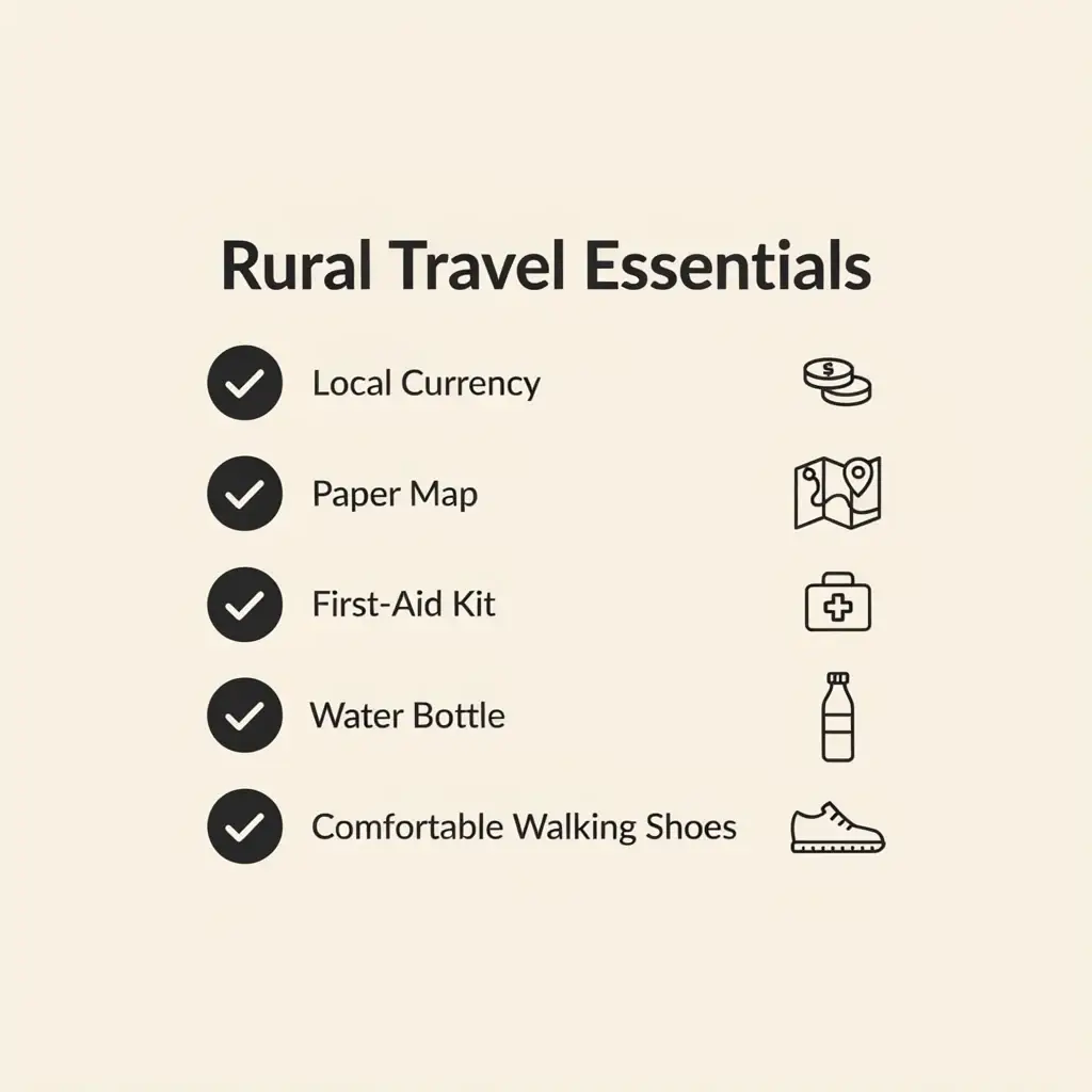 A flat design checklist graphic showcasing essential items for rural European travel, including cash, maps, and safety gear.