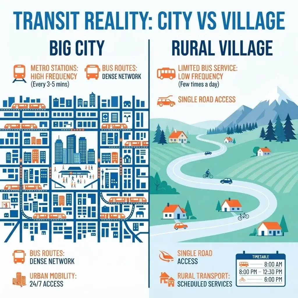 A minimalist infographic comparing big city subway efficiency with rural village transit frequency, highlighting the need for advanced planning.