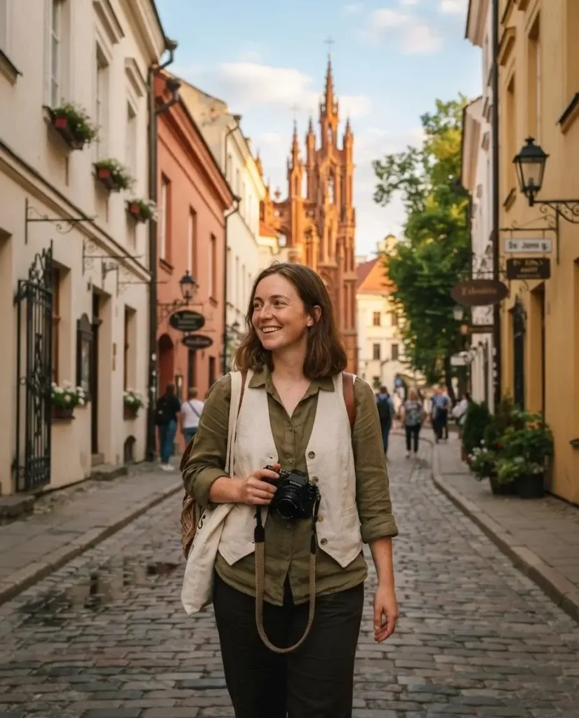 Solo traveler exploring the compact walkable Old Town of Vilnius, Lithuania, European Green Capital 2025