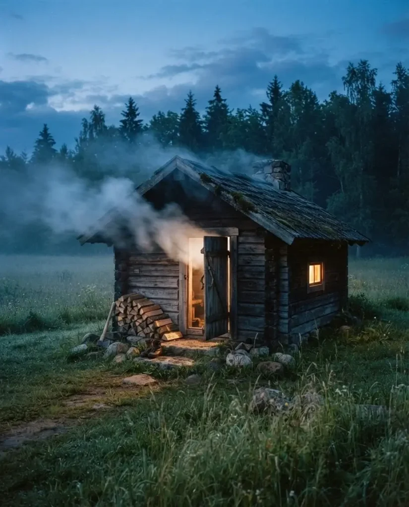 Rustic wooden smoke sauna cabin with drifting woodsmoke at dusk on a farm in Voru County, southern Estonia