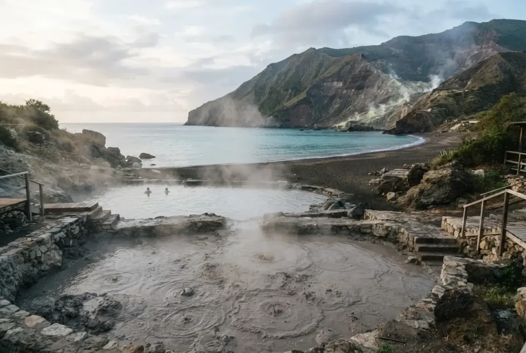 Natural open-air sulphur mud pool near black volcanic sand and turquoise sea on Vulcano, Aeolian Islands, Sicily