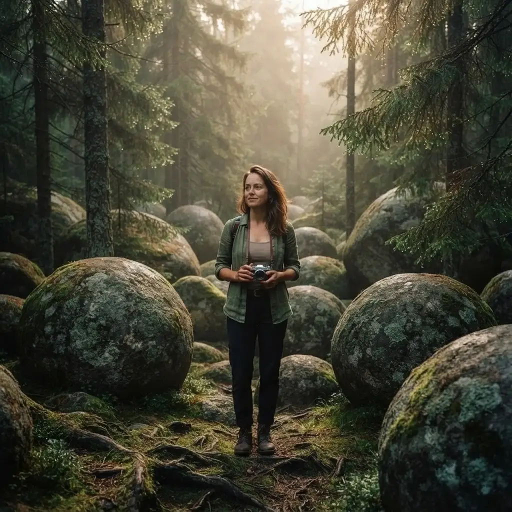 A traveler standing next to giant, balanced granite boulders in the Blockheide Nature Park in the Waldviertel region of Austria, with a forest of pine trees in the background.
