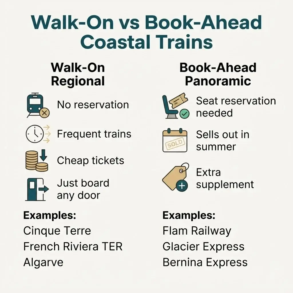 Comparison chart of walk-on regional coastal trains versus reservation-required panoramic trains in Europe
