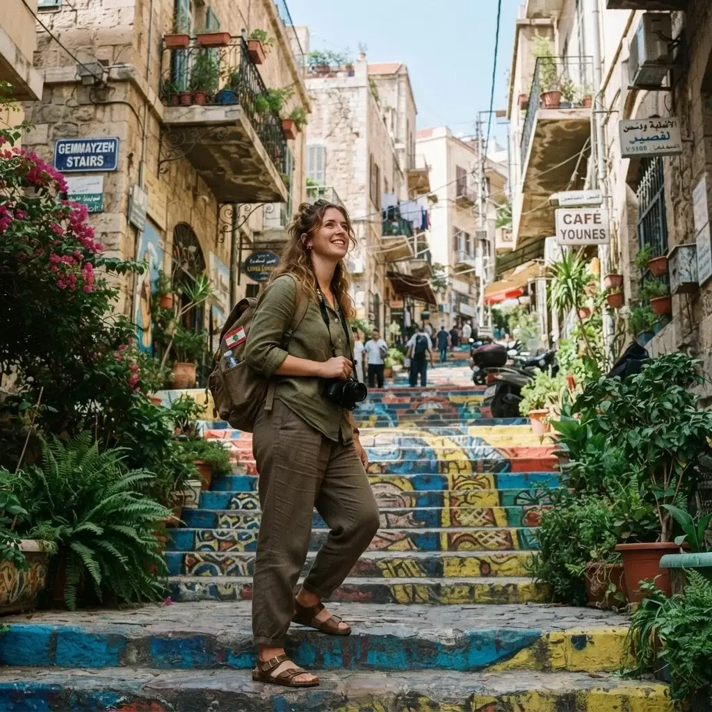 A candid lifestyle photo of a woman in casual earthy tones walking up the colorful Nicolas Sursock stairs in the Gemmayzeh neighborhood of Beirut.