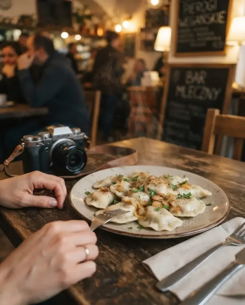 Plate of vegan pierogi dumplings at a cozy milk bar style eatery in central Warsaw, Poland, warm interior light