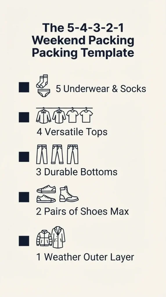 A flat minimalist checklist infographic displaying the 5-4-3-2-1 travel gear breakdown for a short weekend getaway.