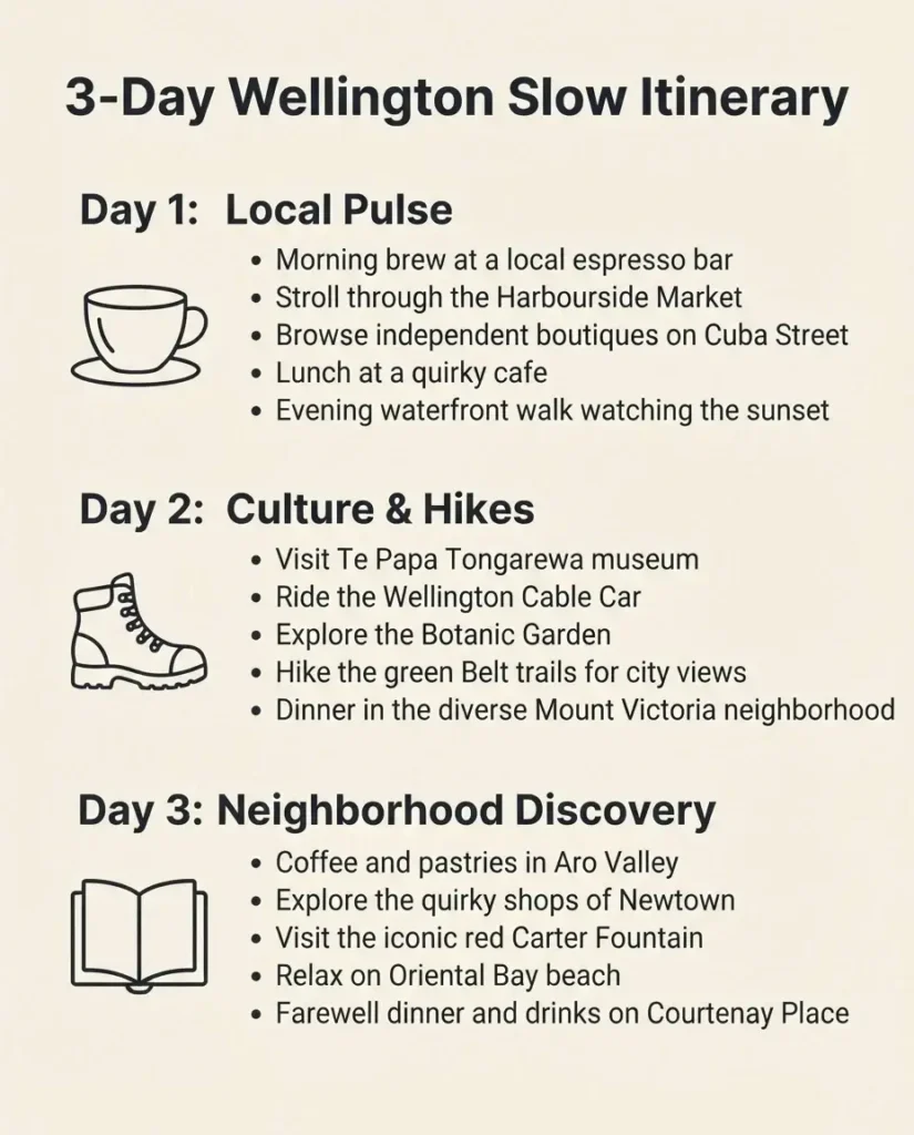 A minimalist checklist infographic for a 3-day slow travel itinerary in Wellington, featuring icons for cultural, nature, and dining activities.