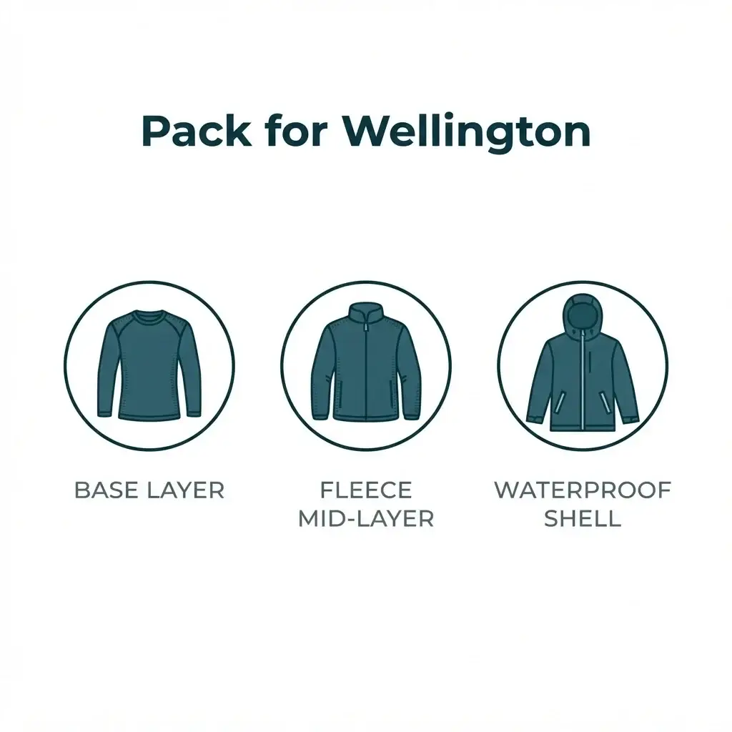 A clear visual guide showing recommended clothing layers for Wellington's variable weather, including base layers, mid-layers, and outer shells.