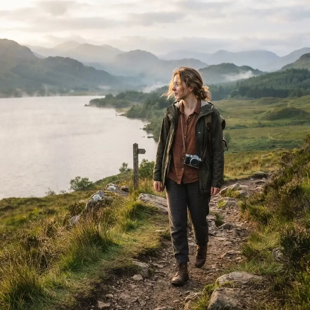 A young female solo hiker in earthy linen clothing walks the West Highland Way trail beside Loch Lomond in the Scottish Highlands, with green hills and morning mist in the background.