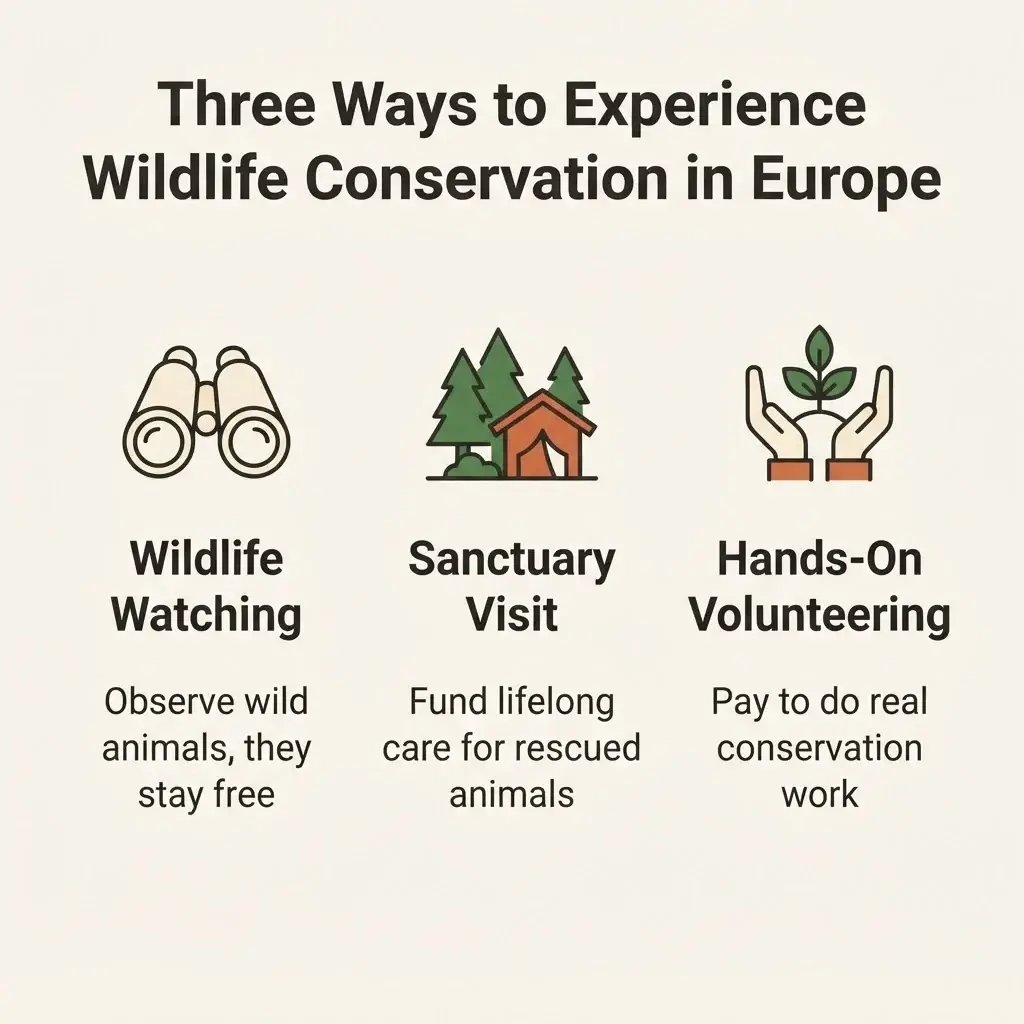 Comparison infographic of three wildlife conservation travel types in Europe: wildlife watching, sanctuary visits, and hands-on volunteering