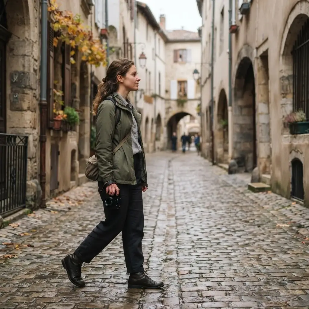 An authentic eye-level shot of a female solo traveler with natural brown hair wearing a minimalist dark olive windproof travel jacket while checking a map on a cobblestone street in Paris.