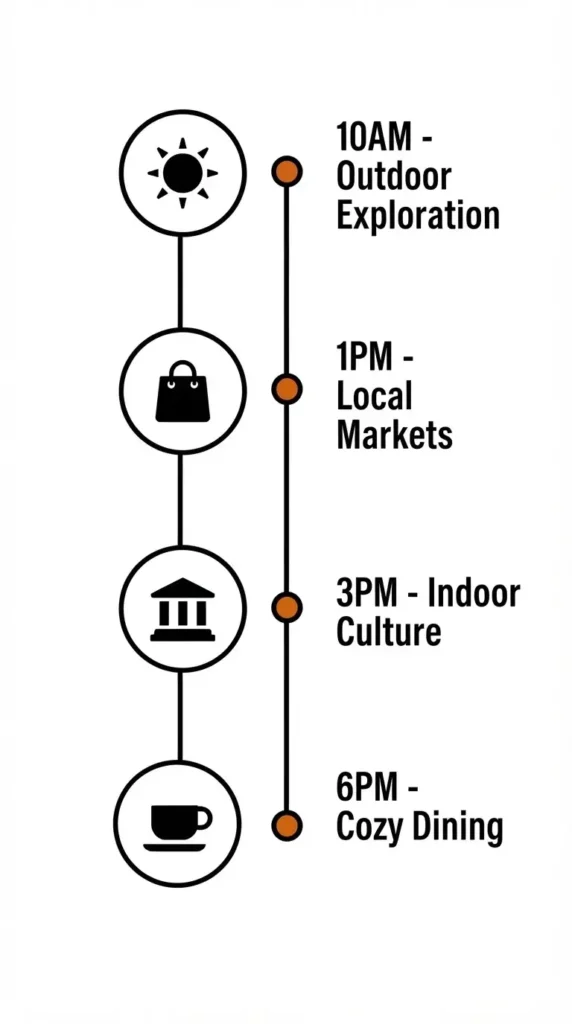 A vertical, flat design infographic displaying an optimal winter city travel itinerary timeline, highlighting key activity types from 10 AM to evening.