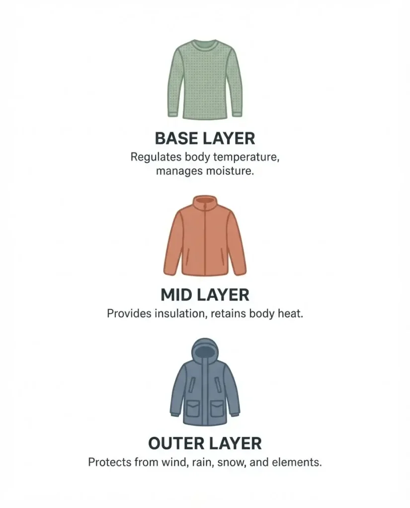 A flat, minimalist vector infographic illustrating the three-layer winter clothing system for travelers, featuring icons for base, mid, and outer layers.
