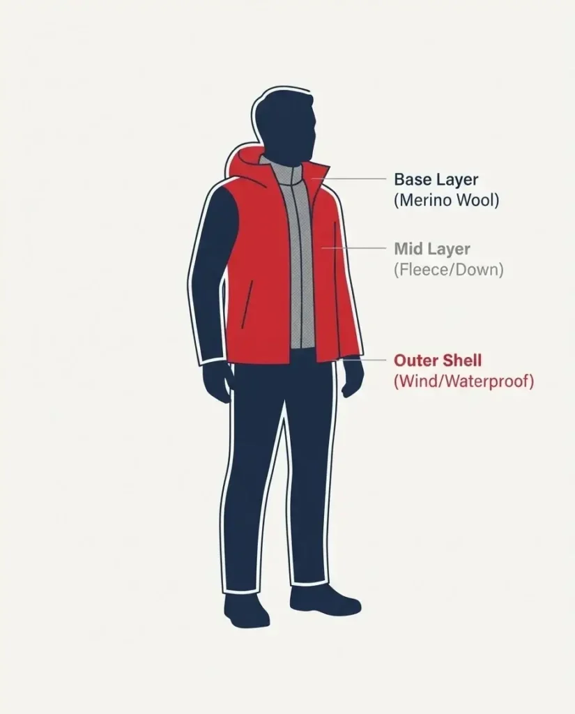 A diagram of the three-layer winter clothing system consisting of a base layer, mid-layer, and outer shell.