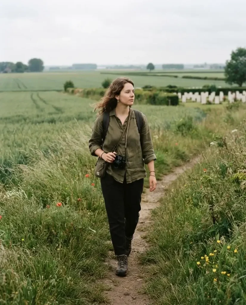 Solo traveler in earthy linen clothing walking through open farmland near Ypres, Belgium, past a WWI Commonwealth war cemetery