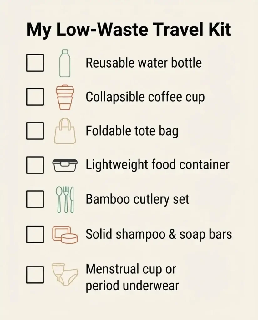 Flat vector checklist of a low-waste travel packing kit including reusable bottle, tote, cutlery and soap bars