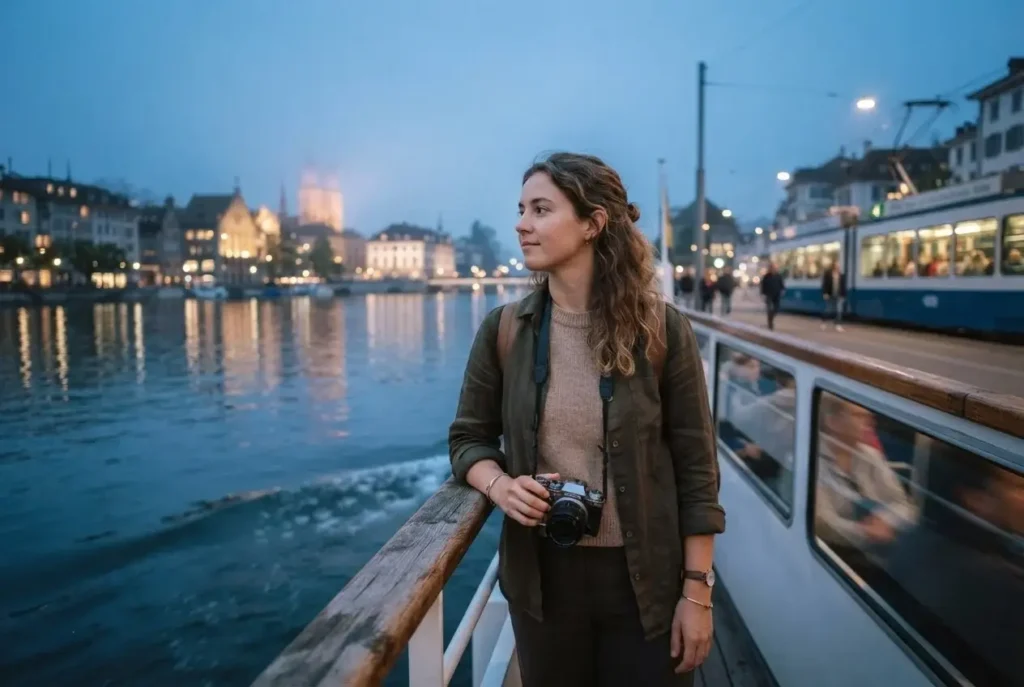 Solo female traveler on a Zurich lake boat with trams and city skyline behind, Switzerland public transport at dusk