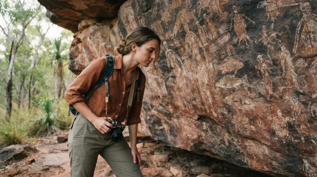 Solo female traveler with a mirrorless camera looking at ancient Aboriginal rock art in Arnhem Land, Northern Territory Australia, misty morning light