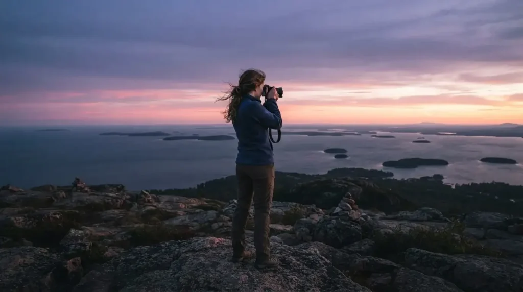 Solo female traveler looking out over the Atlantic Ocean from the summit of Cadillac Mountain in Acadia National Park Maine, pre-dawn pink and violet sky