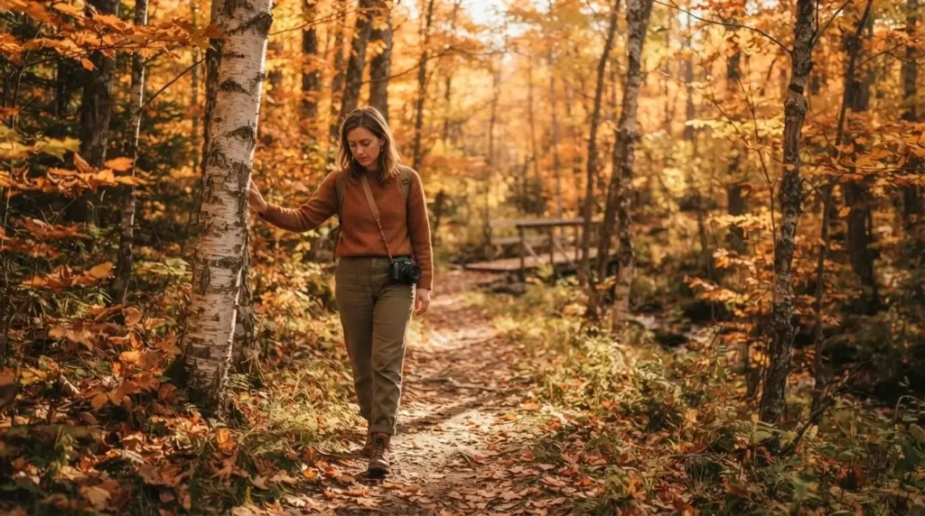 Solo female traveler practicing forest bathing in the Adirondack Mountains New York, autumn hardwood forest with golden light filtering through orange and yellow leaves