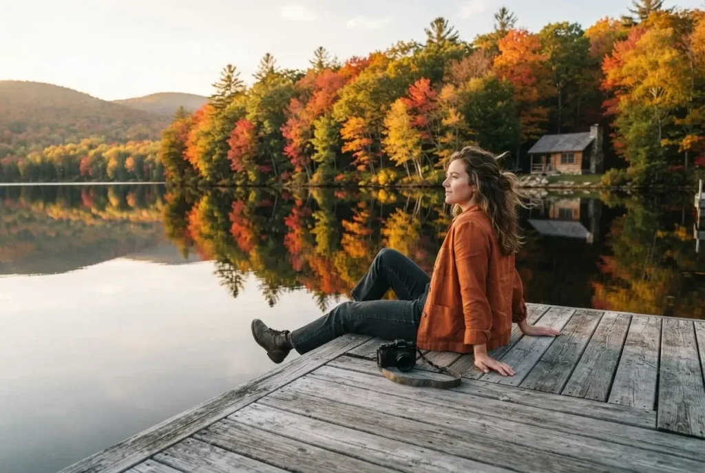 Solo female traveler sitting at the end of a wooden dock in front of a rustic lakefront cabin in the Adirondack Park New York surrounded by autumn foliage reflected in still water