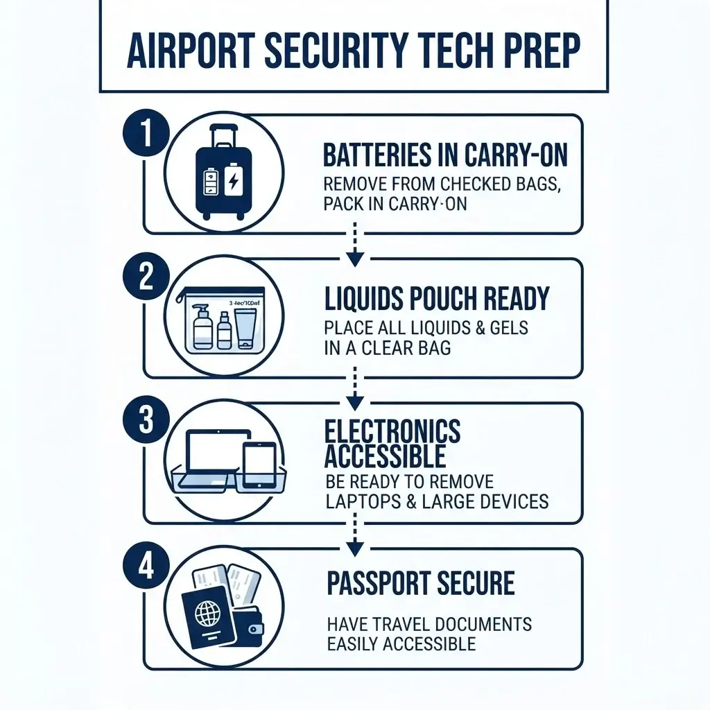 A step-by-step preparation infographic for airport security checkpoints, highlighting how to organize lithium batteries, liquids, and electronics.