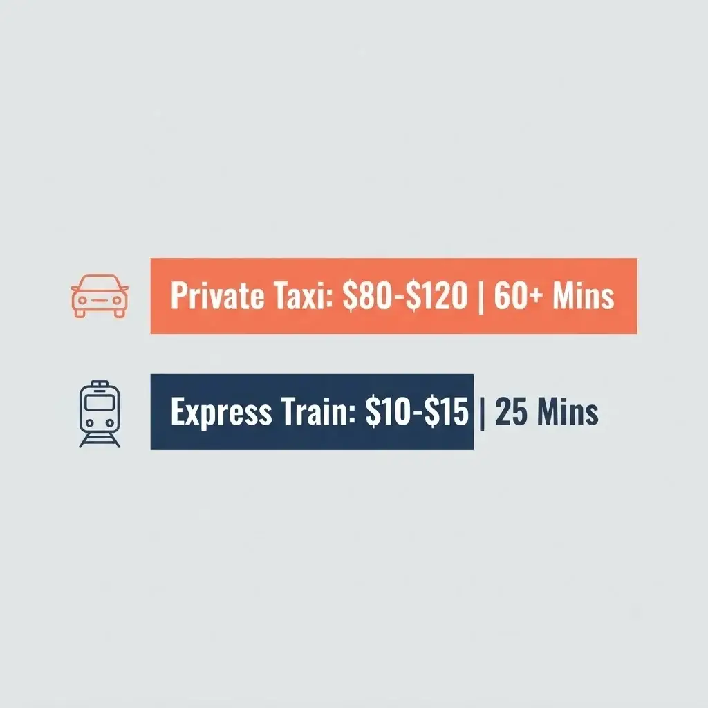 A clean 1:1 horizontal bar chart comparing the time and financial costs of private taxis versus high-speed airport express trains.