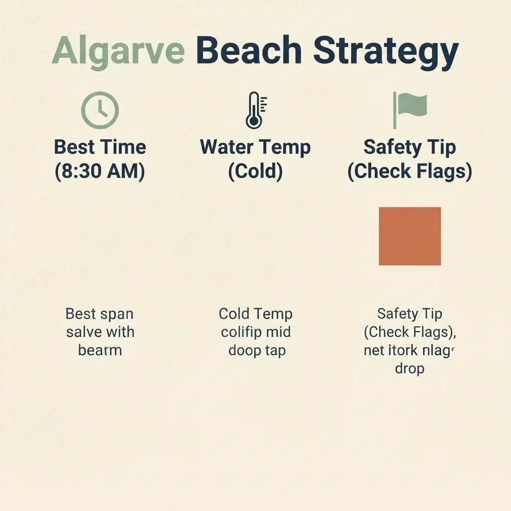 A minimalist infographic showing the optimal visiting times, water temperature trends, and essential safety flags for Algarve beaches.
