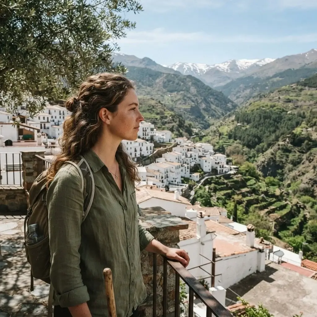 A solo traveler looking out over a cluster of traditional white-painted houses in the Alpujarras mountain region of southern Spain.