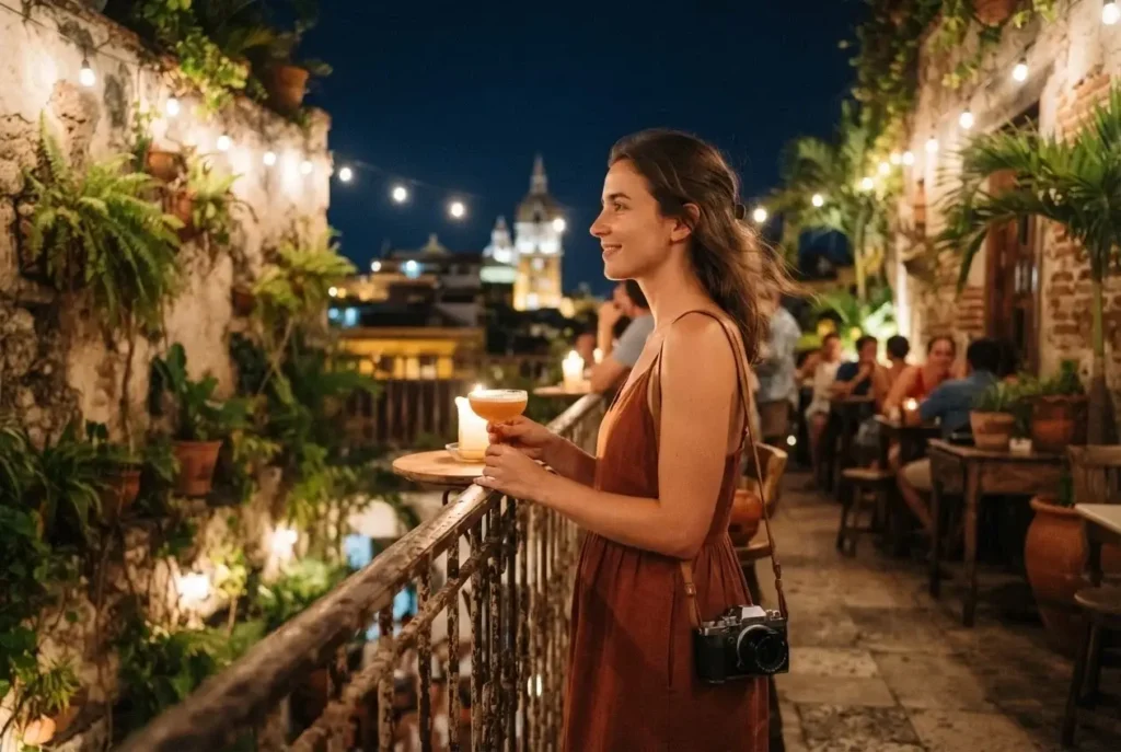 Female solo traveler holding a cocktail at a rooftop bar in Cartagena Colombia at night, candlelit colonial mansion architecture and string lights in the background