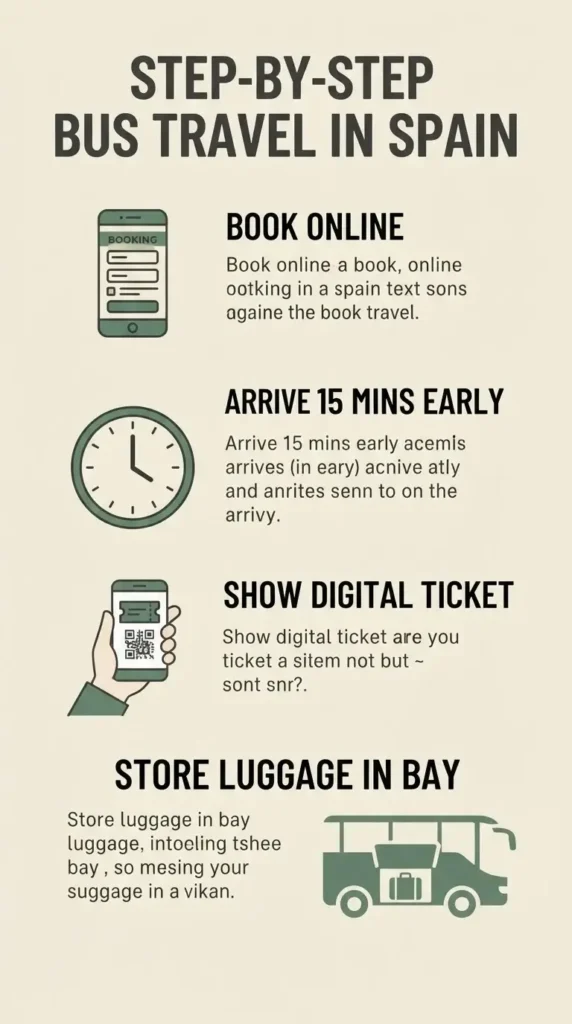 A step-by-step checklist infographic for solo travelers using ALSA buses in Spain, highlighting booking, boarding, and local etiquette tips.